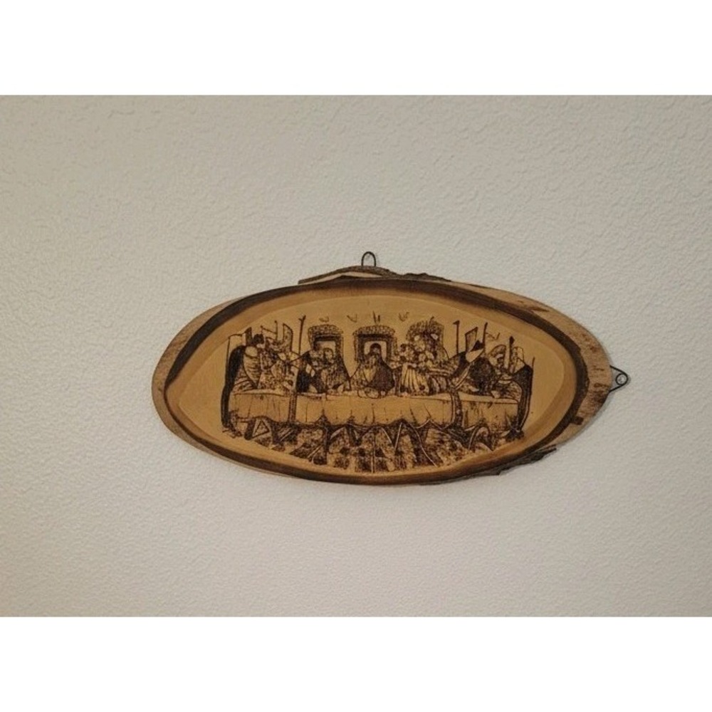 Vintage Wood Burned Last Supper Plaque Handcrafted Pyrography Religious Wall Art